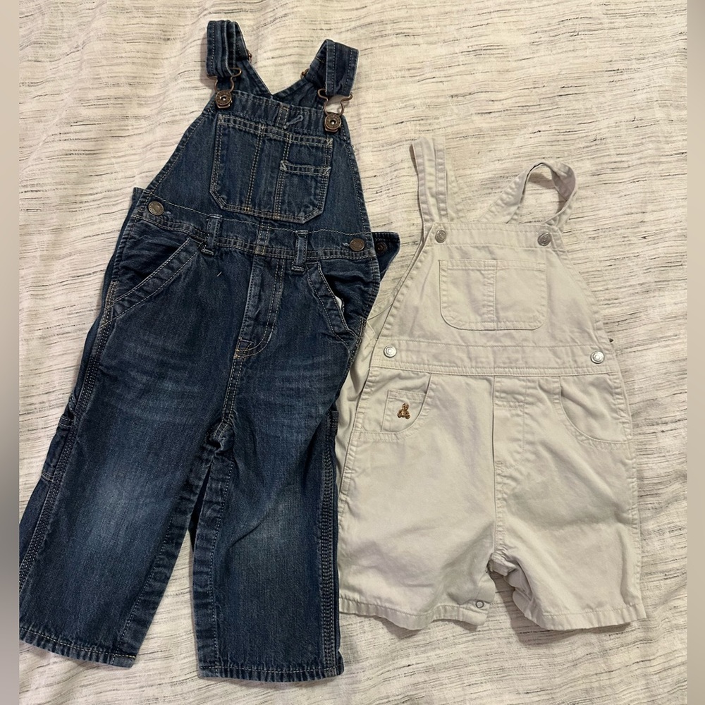 Bundle of two pairs of baby gap, overalls, denim and khaki